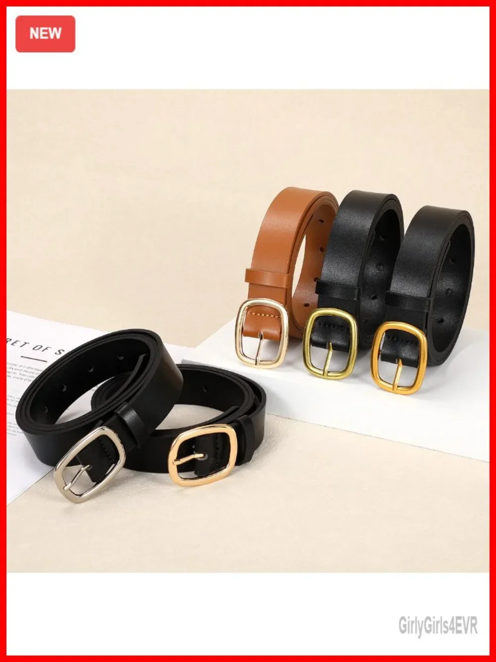 Women's Faux Leather Belt Gold Buckle Waist Belt For Jeans